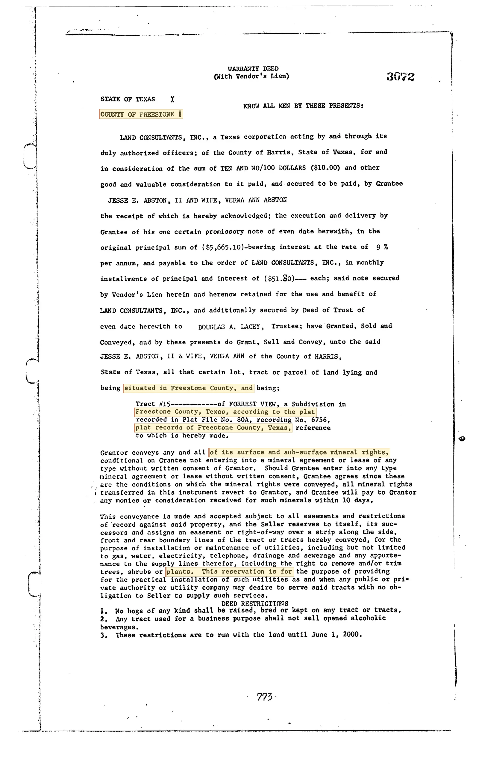 Land Consultants Inc. - Recorded Warranty Deed (Vol. 556, Page 773)