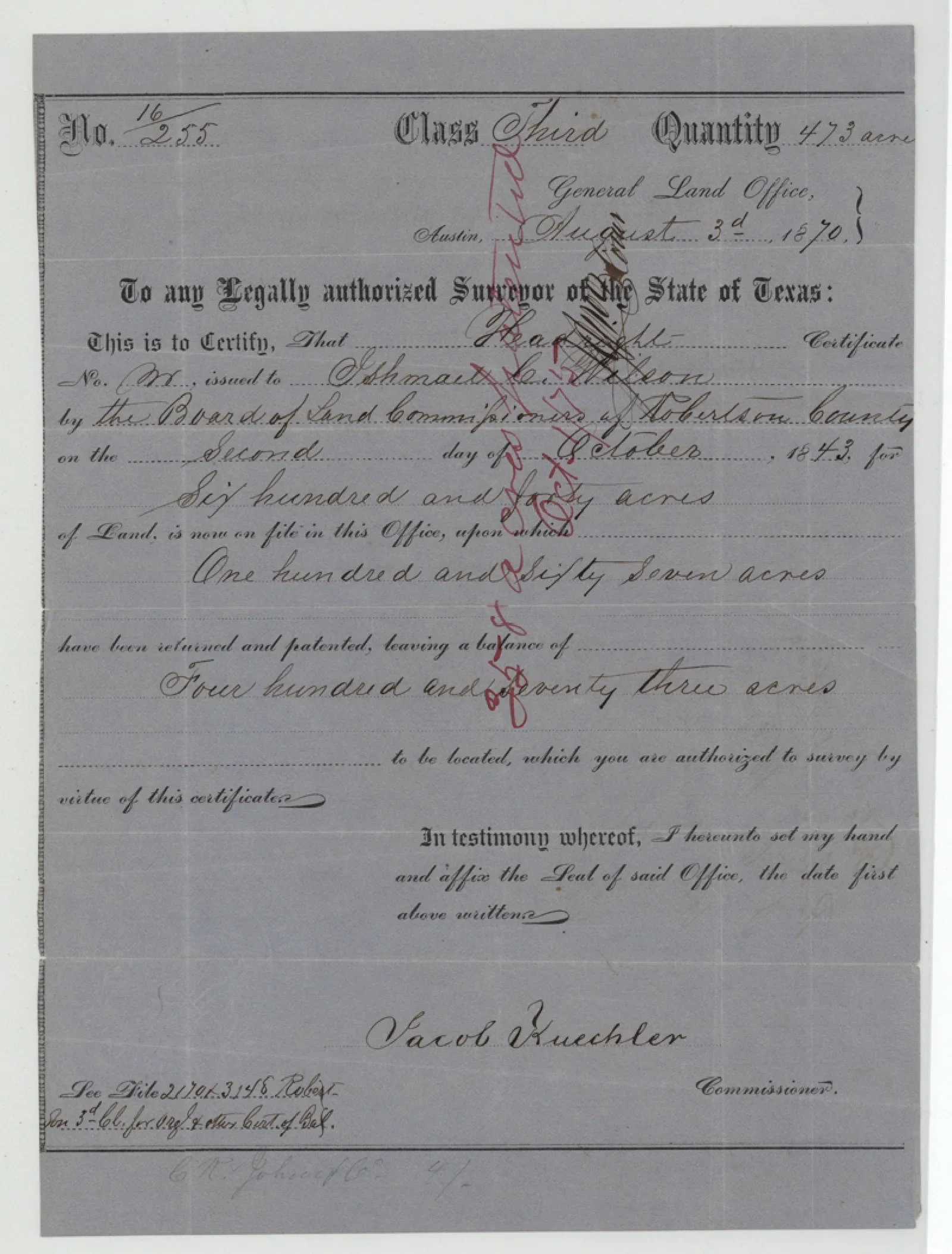 Wilson, Ishmael Original Cursive Land Grant & Field Notes (Freestone County, Abstract A-827)